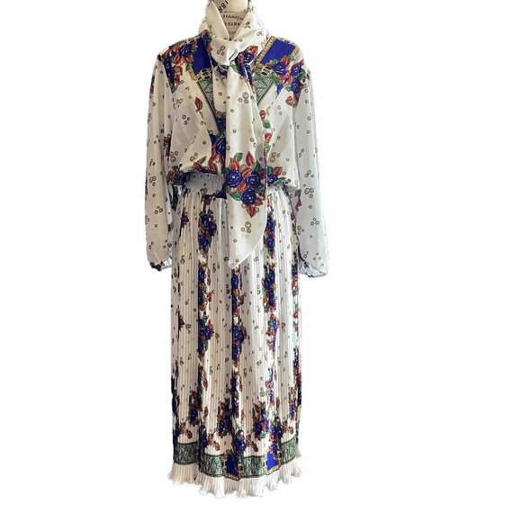 Vintage 80's DIANE FREIS Boho Dress Georgette Midi Floral Paisley Scarf M/L - Picture 1 of 16